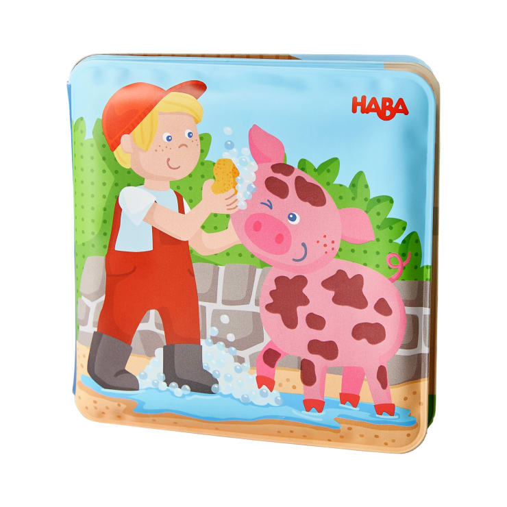 Eine Kinderbuchillustration zeigt ein Kind in einem roten Overall und einer roten Mütze, das ein rosa Schwein mit braunen Flecken wäscht. Das Kind hält einen Schwamm in der Hand, und es sind Wasser und Blasen zu sehen. Das Wort HABA steht oben rechts.
