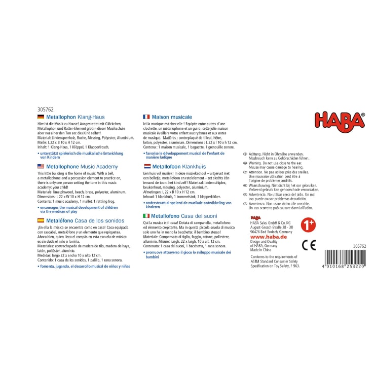 Produktverpackungen für das HABA Metallophon Klang-Haus mit Produktbeschreibungen in Deutsch, Englisch, Französisch, Niederländisch, Italienisch und Spanisch, Sicherheitshinweisen, dem HABA-Logo und Kontaktinformationen zum Unternehmen.