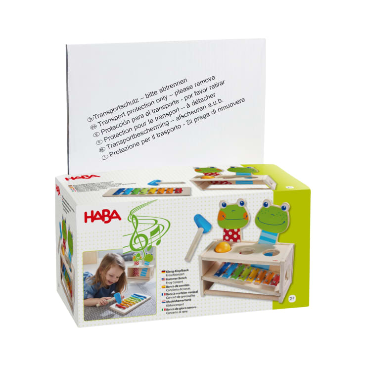 Eine Schachtel mit einem HABA-Holzspielzeugset mit einem Xylophon und einem Frosch-Hammerspiel, mit bunten Illustrationen und Produktinformationen in mehreren Sprachen.