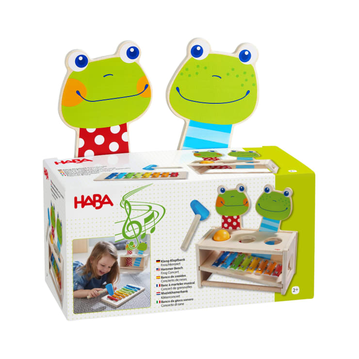 Eine Schachtel mit einem HABA-Xylophon-Spielzeugset für Kinder, mit zwei illustrierten Froschfiguren auf der Verpackung. Die Schachtel zeigt Bilder des Xylophons, des Schlägels und eines Kindes, das mit dem Spielzeug spielt.