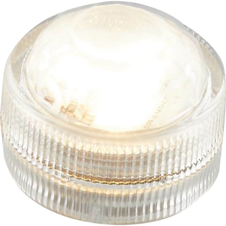 Eine klare, runde LED-Puck-Leuchte mit einem strukturierten Griff an den Seiten und einer gewölbten Oberseite, die ein helles weißes Licht abgibt.