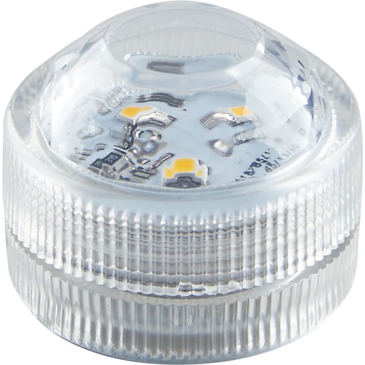 Ein klares, rundes LED-Lichtmodul mit einer strukturierten Seite und einer transparenten Kuppel oben, die die internen Schaltkreise und drei kleine LED-Chips offenlegt.