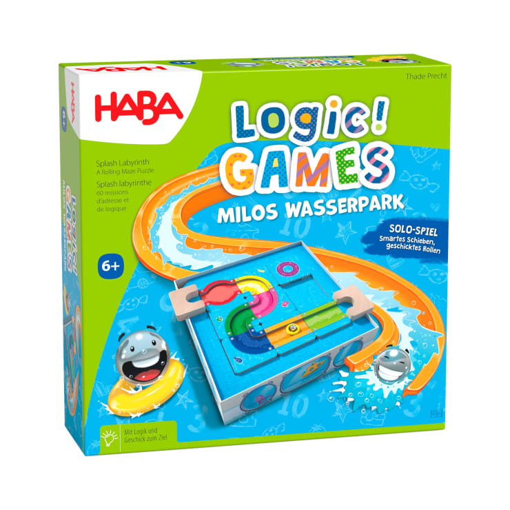 Eine bunte Schachtel mit HABA Logic! Games Milos Wasserpark, einem spritzigen Labyrinth-Puzzle für Kinder ab 6 Jahren. Die Schachtel zeigt das Spiel mit einem blauen Wasser-Motiv und Cartoon-Wasserfiguren.