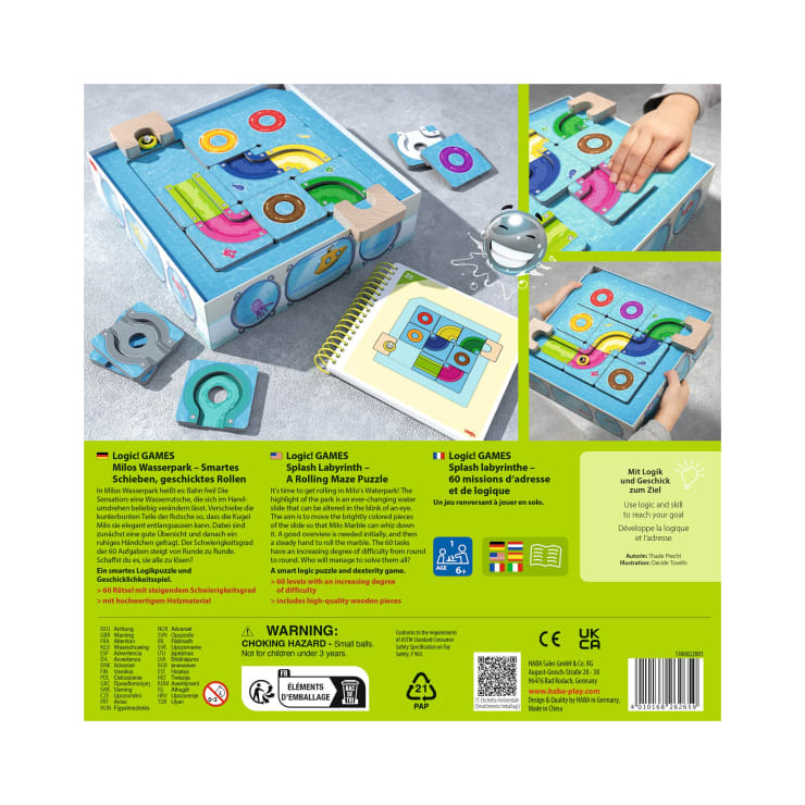 Rückseite einer Spielzeugkiste mit einem hölzernen rollenden Labyrinth-Puzzle. Mit Fotos von Händen, die bunte Teile des Puzzles bewegen, und einer geöffneten Anleitung. Produktdetails und Sicherheitswarnungen sind auf der Verpackung aufgedruckt.