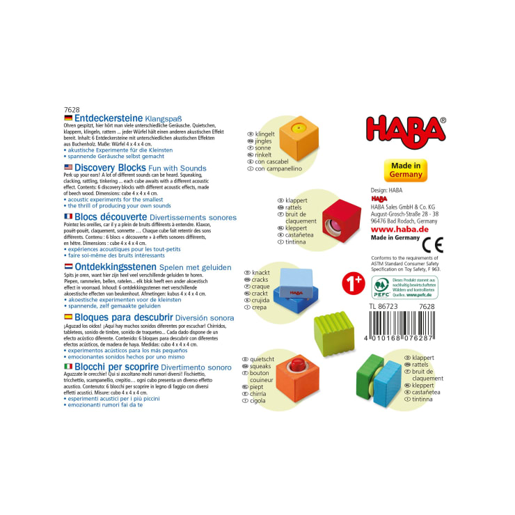 Produktverpackung für HABA Discovery Blocks Fun with Sounds mit Beschreibungen in sechs Sprachen, Sicherheitssymbolen, Bildern von vier farbenfrohen Blöcken und Produktinformationen einschließlich des HABA-Logos und des Labels Made in Germany.