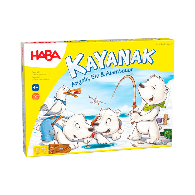 Die Abbildung zeigt die Schachtel für das Brettspiel Kayanak von HABA. Auf dem Cover sind Cartoon-Eisbären beim Eisfischen mit einem Pelikan in der Nähe abgebildet. Die Schachtel ist gelb und wird für Kinder ab 4 Jahren empfohlen.