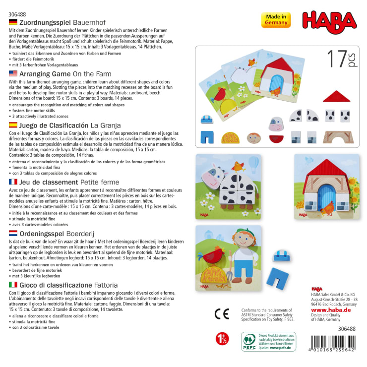 Rückseite einer HABA-Spielzeugschachtel mit dem "Arrangierspiel auf dem Bauernhof" mit Abbildungen von Bauernhoftieren und Figuren, einer Scheune und zweisprachigen Produktbeschreibungen in Deutsch, Englisch, Spanisch, Französisch und Italienisch. Insgesamt 17 Teile.