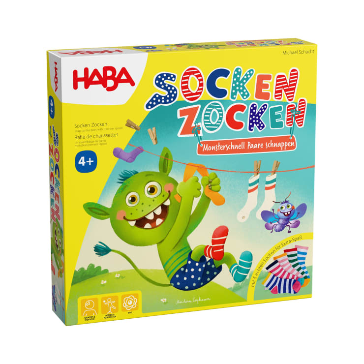 Eine gelbe HABA-Brettspielschachtel mit dem Titel Socken Zocken, auf der ein grünes Monster abgebildet ist, das bunte Socken an eine Wäscheleine hängt. Das Spiel ist für Kinder ab 4 Jahren geeignet und ist eine limitierte Jubiläumsausgabe.