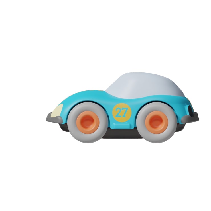 Ein blaues Spielzeugauto mit orangefarbenen Rädern, einer gelben Nummer 27 auf der Tür und einem weißen Verdeck, dargestellt im Profil auf weißem Hintergrund.