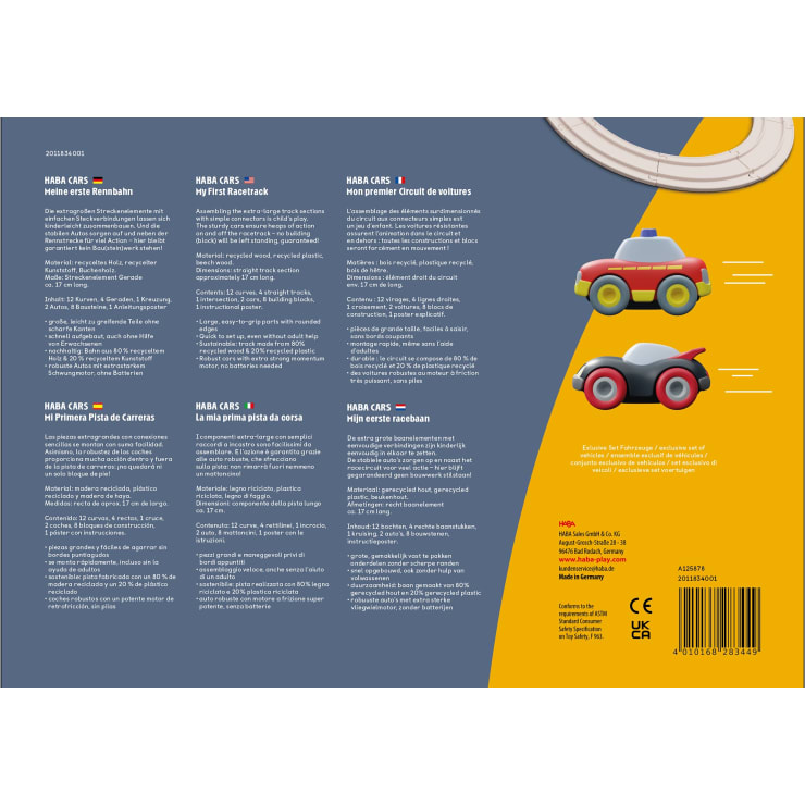 Rückseite der Produktverpackung für HABA CARS, mit Beschreibungen in fünf Sprachen, Abbildungen von zwei Spielzeugautos (eines rot und gelb, eines rot und weiß) und Produktinformationen auf blauem und gelbem Hintergrund.