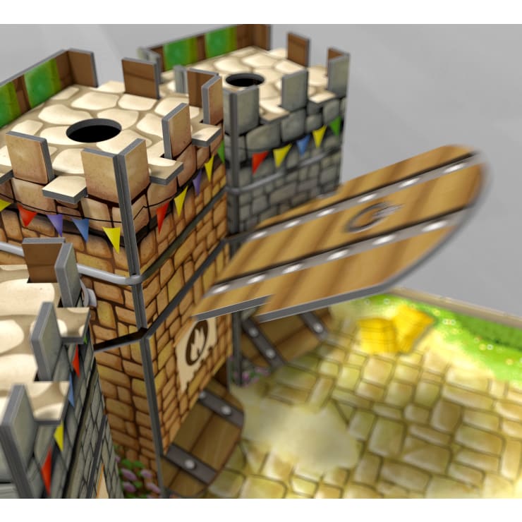 Eine stilisierte, in 3D gerenderte mittelalterliche Burg mit Steinmauern, bunten Wimpeln und hochgezogenen hölzernen Zugbrücken über einem kopfsteingepflasterten Weg; ein Teil des Bildes ist für den Bewegungseffekt verschwommen.