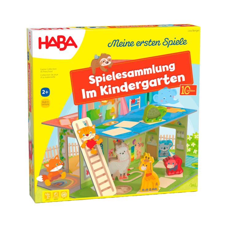 Eine gelbe Schachtel von HABA Meine ersten Spiele: Spielesammlung Im Kindergarten für Kinder ab 2 Jahren mit illustrierten Tierfiguren, die in einer Kindergartenumgebung spielen.