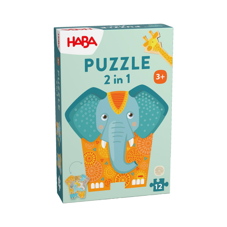 Eine Schachtel mit dem HABA Puzzle 2 in 1 für Kinder ab 3 Jahren, mit einem illustrierten Elefanten und einer teilweisen Giraffe auf der Vorderseite. Auf der Schachtel sind 12 Teile angegeben und ein kleines Bild des fertigen Puzzles ist abgebildet.