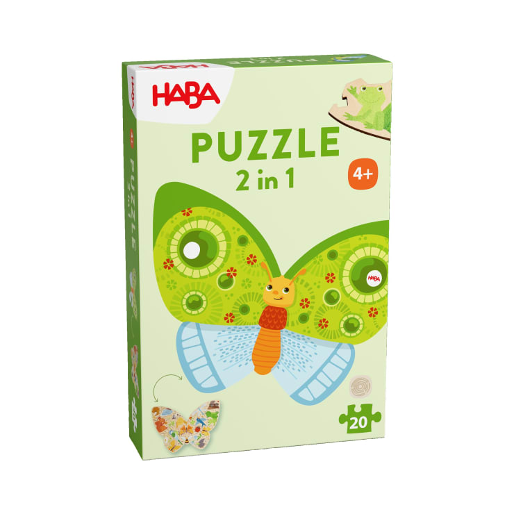 Eine grüne HABA Puzzle 2 in 1 Box mit einer großen Schmetterlingsillustration, die für Kinder ab 4 Jahren geeignet ist. Auf der Vorderseite ist ein 20-teiliges Puzzle und das HABA-Logo abgebildet.