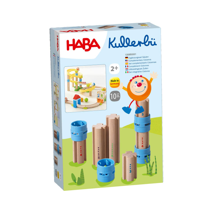 Eine Schachtel des HABA Kullerbü Holzmurmelbahn-Sets mit Holz- und blauen Kunststoffbahnstücken auf der Vorderseite, einer Altersempfehlung ab 2 Jahren und Informationen in mehreren Sprachen.