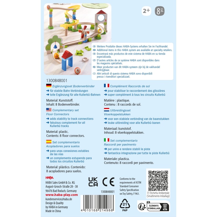 Rückseite einer HABA Kullerbü-Spielzeugschachtel mit Produktinformationen in Deutsch, Englisch, Französisch und Niederländisch, Sicherheitssymbolen, Unternehmensangaben, einem Strichcode und einer Abbildung eines Kugelbahn-Spielzeugsets mit Steckern und Zubehör.