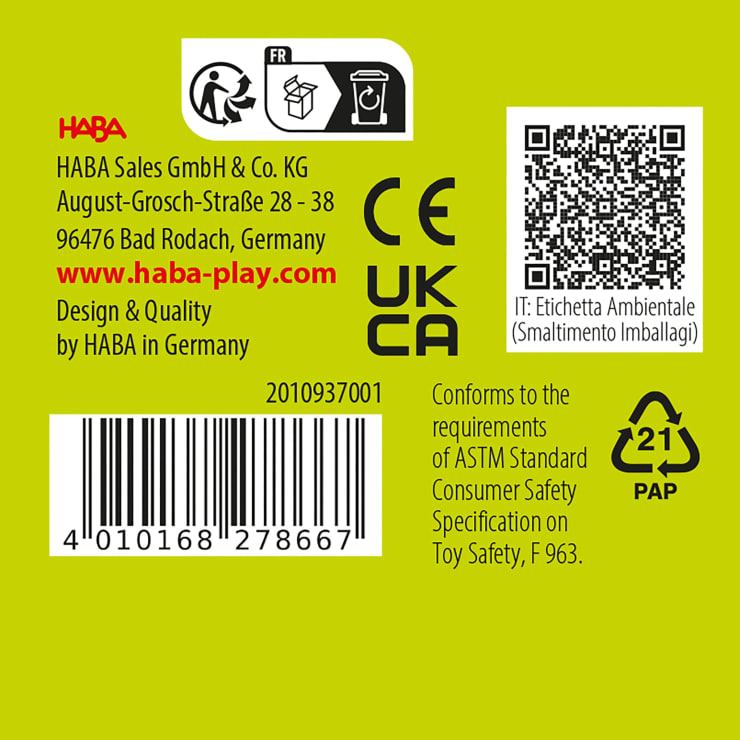 Produktetikett mit HABA-Logo, Firmenadresse, Website, Recycling-Symbolen, QR-Code, Barcode und Zertifizierungen wie CE, UKCA und PAP 21. Der Text erwähnt die Einhaltung von ASTM-Sicherheitsstandards und Design in Deutschland.