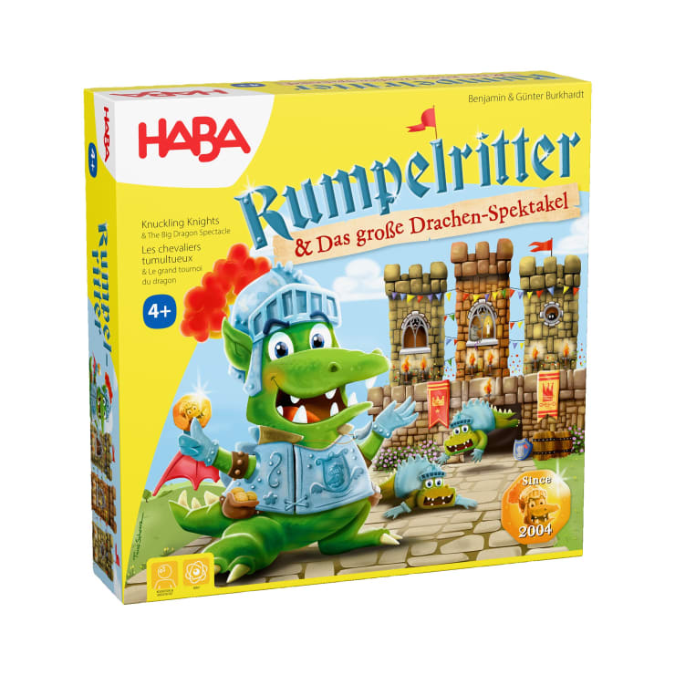 Eine gelbe Schachtel des Brettspiels Rumpelritter von HABA mit einem grünen Drachen in Ritterrüstung, einer mittelalterlichen Burg und festlicher Dekoration. Das Spiel ist für Kinder ab 4 Jahren geeignet und enthält einen englischen und deutschen Text.