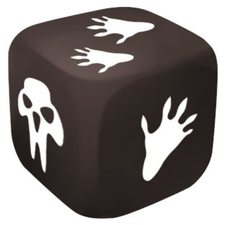 Ein schwarzer sechsseitiger Würfel mit weißen Symbolen, darunter ein Totenkopf und mehrere Hand- oder Pfotenabdrücke auf den sichtbaren Seiten.