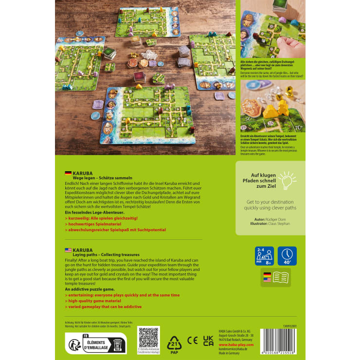 Die Rückseite der Karuba-Brettspielschachtel zeigt eine Übersicht über die Spielkomponenten, darunter Spielbretter, Spielsteine, Plättchen und Abenteurerfiguren, sowie Anleitungen und Beschreibungen in Deutsch und Englisch.