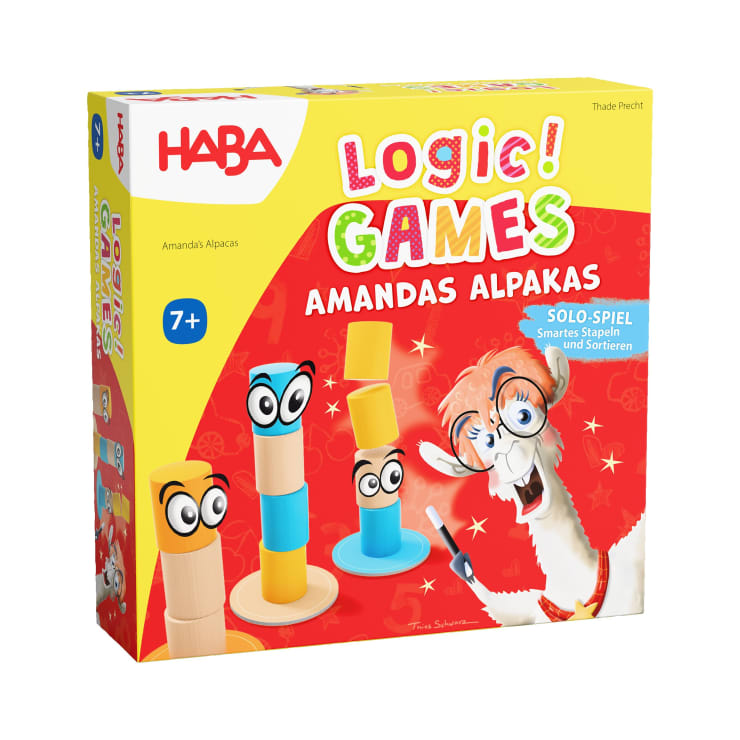 Eine bunte Schachtel mit Logic! Games Amandas Alpakas von HABA mit illustrierten Stapelsteinen mit Augen, einem Zeichentrick-Alpaka und einem Text, der darauf hinweist, dass es sich um ein Solo-Sortier- und Stapelspiel für Kinder ab 7 Jahren handelt.