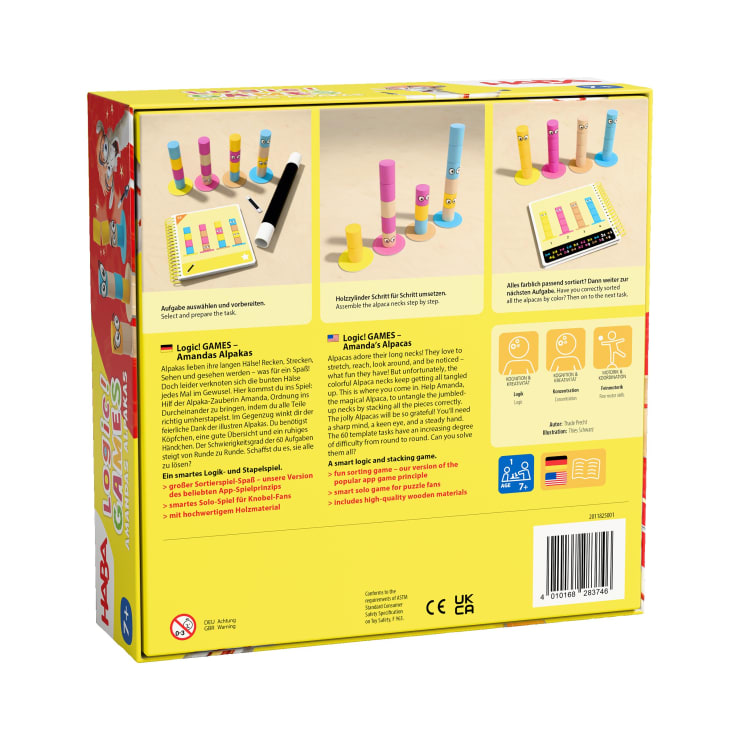 Rückseite einer farbenfrohen HABA-Spielschachtel mit Abbildungen der Spielkomponenten, Anleitungen in mehreren Sprachen und Symbolen, die auf pädagogische Vorteile wie logisches Denken, Feinmotorik und Konzentration hinweisen.