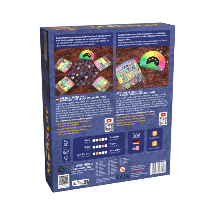 Die Rückseite einer Brettspielschachtel enthält Abbildungen der Spielkomponenten, eine kurze Beschreibung, Symbole für Spieldetails, QR-Codes und Sicherheitswarnungen. Die Schachtel hat einen blauen Hintergrund mit bunten Grafiken und Text in Deutsch und Englisch.