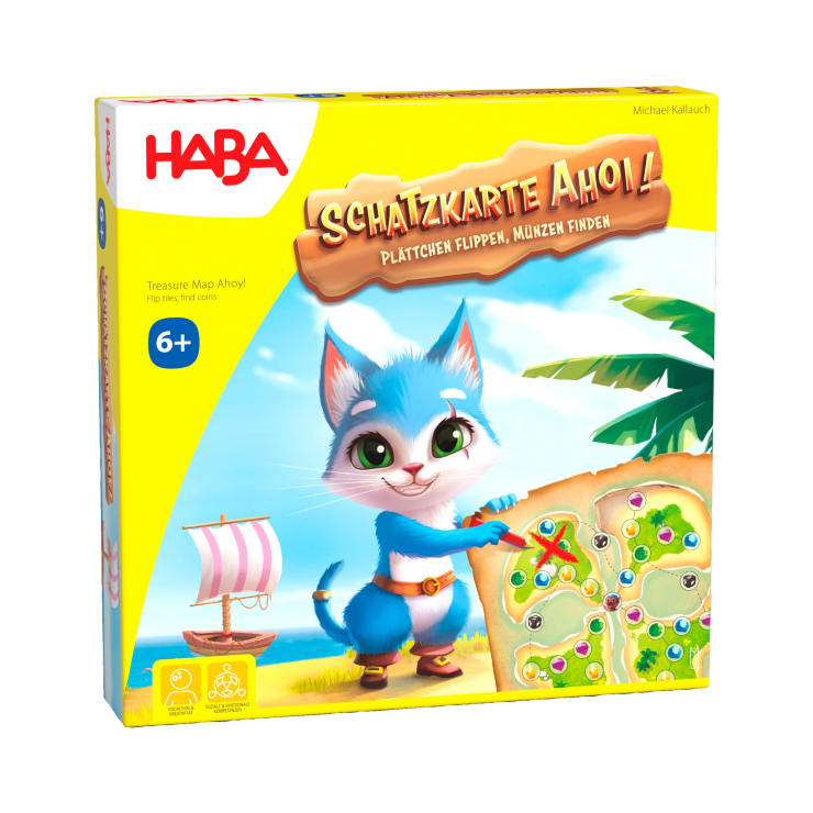 Die Schachtel für das Spiel "Schatzkarte Ahoi!" von HABA zeigt eine blaue Zeichentrickkatze, die eine Schatzkarte hält. Im Hintergrund sind ein Segelschiff und Palmen zu sehen. Das Spiel ist für Kinder ab 6 Jahren geeignet.