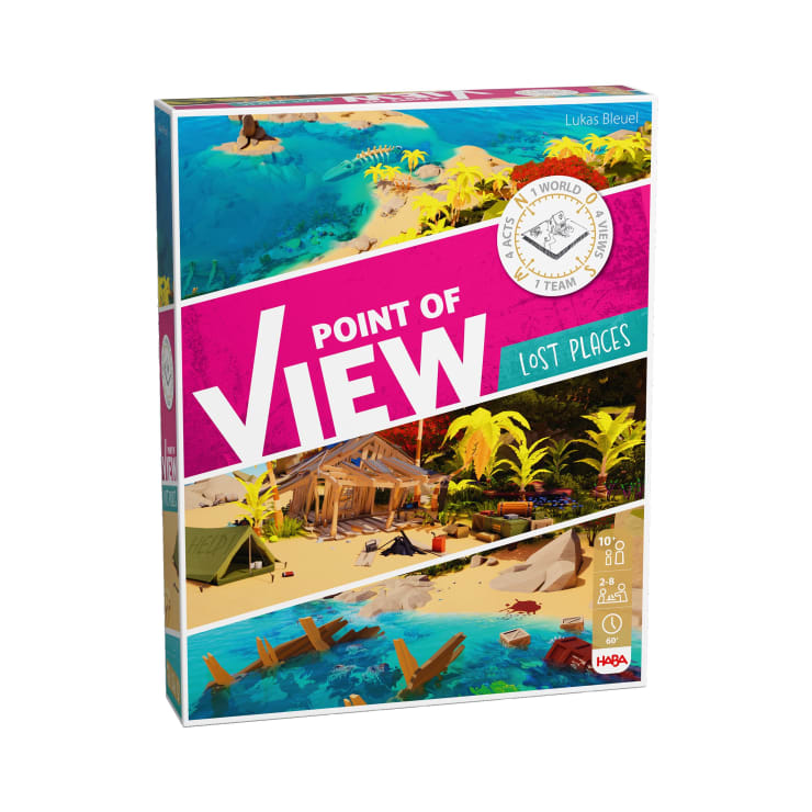 Ein Brettspiel in einer Schachtel mit dem Titel Point of View: Lost Places" mit einer illustrierten tropischen Inselszene mit Zelten, Palmen und Trümmern. Das Spiel ist für 2-6 Spieler ab 10 Jahren geeignet und wird von HABA herausgegeben.
