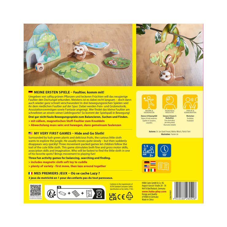 Die Rückseite einer Kinderspielschachtel zeigt Abbildungen von Faultieren, Spielkomponenten und einem Baum. Der Text beschreibt das Spiel in deutscher, englischer und französischer Sprache, und Icons zeigen die Alterseignung und Spielerinformationen an.