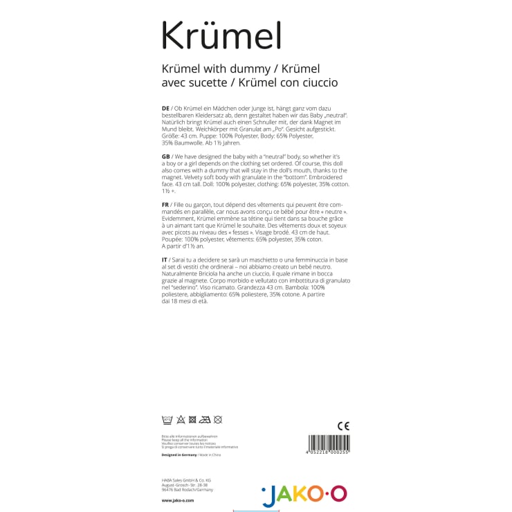Stoffpuppe Krümel mit Schnuller, 43 cm, 3-teilig