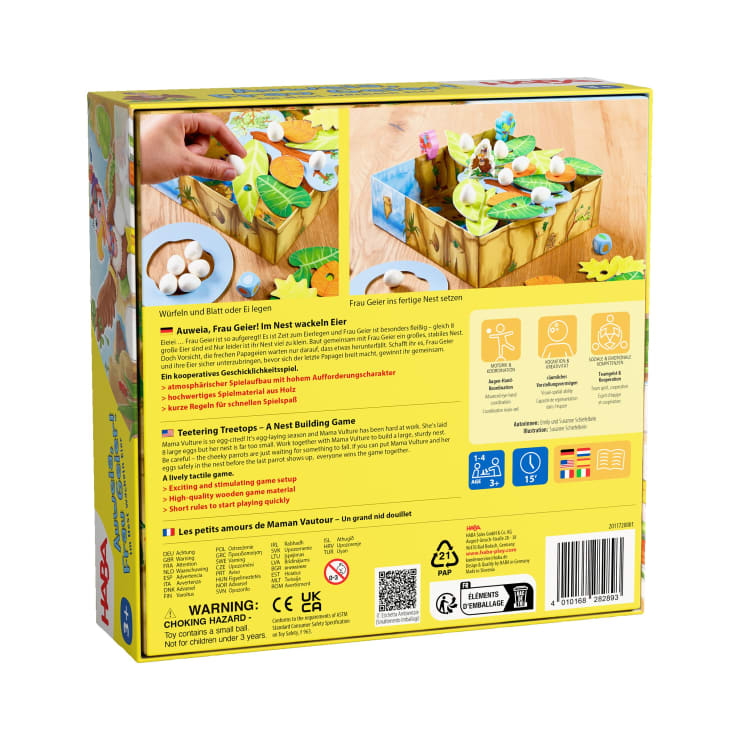 Die Rückseite einer Brettspielschachtel zeigt den Spielaufbau mit einem Nest, Eiern und Vogelteilen. Text in mehreren Sprachen beschreibt das Spiel. Symbole zeigen an, dass das Spiel für 2-4 Spieler ab 4 Jahren geeignet ist und etwa 15 Minuten dauert.