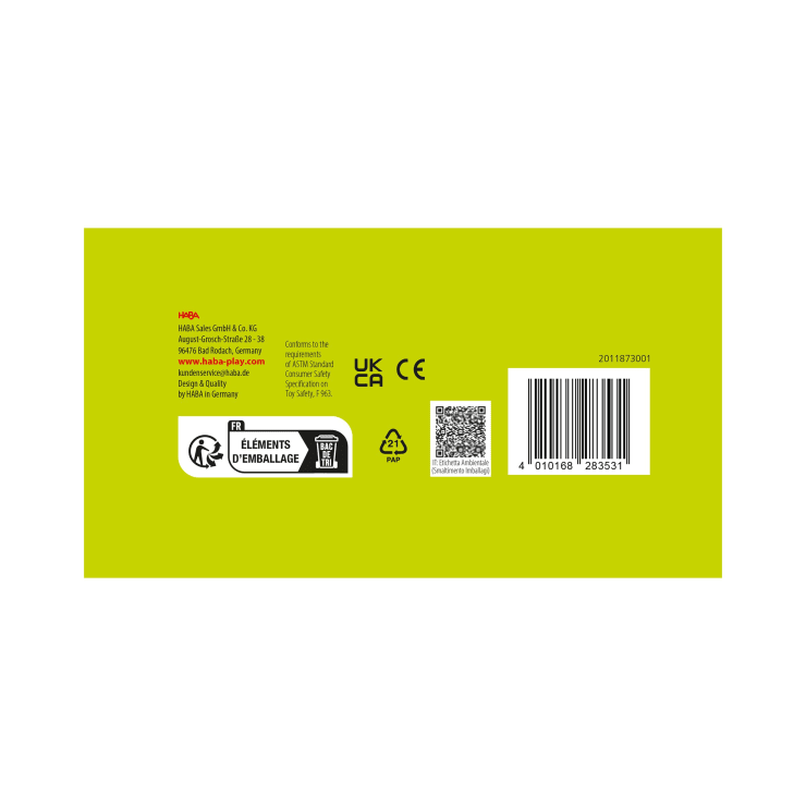 Ein gelbes Produktetikett mit Unternehmensinformationen, Zertifizierungssymbolen, einem Recyclingsymbol, QR-Code und Barcode. Der Text ist in Schwarz und Rot gedruckt.