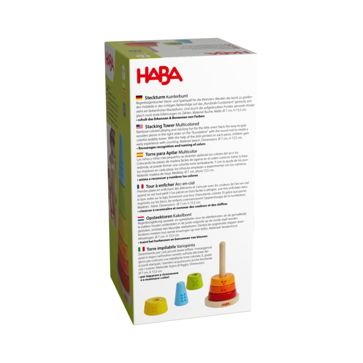Eine Schachtel mit dem HABA-Logo zeigt den Stapelturm Multicolored Spielzeug. Die Verpackung zeigt Produktbeschreibungen in mehreren Sprachen und eine Abbildung des Spielzeugs mit verschiedenfarbigen stapelbaren Teilen.