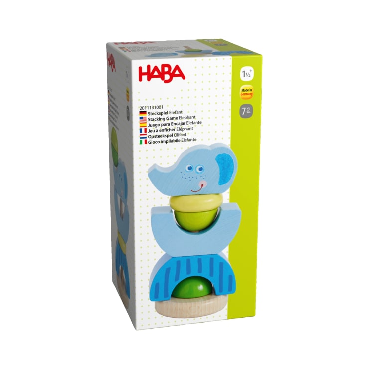 Eine Schachtel mit dem HABA-Stapelspiel Elefant, auf der ein hölzerner Elefant mit stapelbaren Teilen abgebildet ist. Auf der Schachtel ist eine Altersempfehlung für Kinder ab 1,5 Jahren angegeben.
