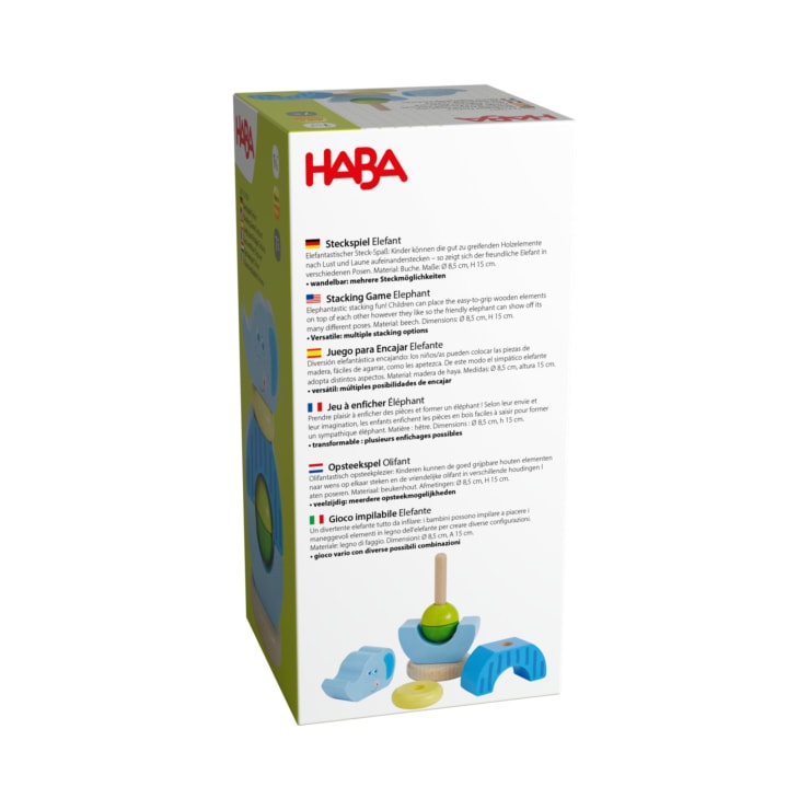 Schachtel des HABA-Stapelspiels Elefant mit Abbildungen von Spielsteinen und mehrsprachigen Textbeschreibungen auf der Seitenwand der Verpackung. Der Hintergrund ist überwiegend weiß mit grünen und gelben Akzenten.