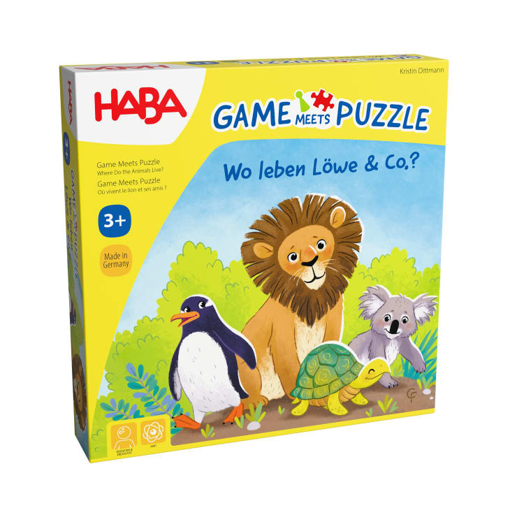 Eine gelb-blaue Schachtel für ein Kinderpuzzle von HABA mit dem Titel Game Meets Puzzle: Wo leben Löwe & Co? mit Illustrationen von Löwe, Pinguin, Schildkröte und Erdmännchen, geeignet ab 3 Jahren.