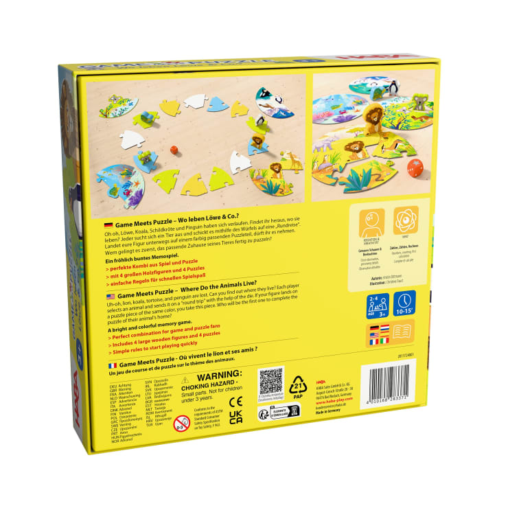 Das Bild zeigt die Rückseite einer farbenfrohen Kinderpuzzle-Schachtel mit Abbildungen von tierförmigen Puzzleteilen, Tieren und Lebensräumen. Auf der Schachtel befinden sich Anleitungen, Spielinformationen und Sicherheitswarnungen in mehreren Sprachen.