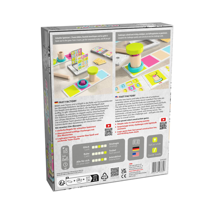 Rückseite einer Brettspielschachtel mit Spielkomponenten, Anleitung in Deutsch und Englisch, Fotos vom Spielaufbau, Symbolen für Alters- und Spielerinformationen und QR-Codes. Die Schachtel enthält bunte Illustrationen und Logos am Boden.