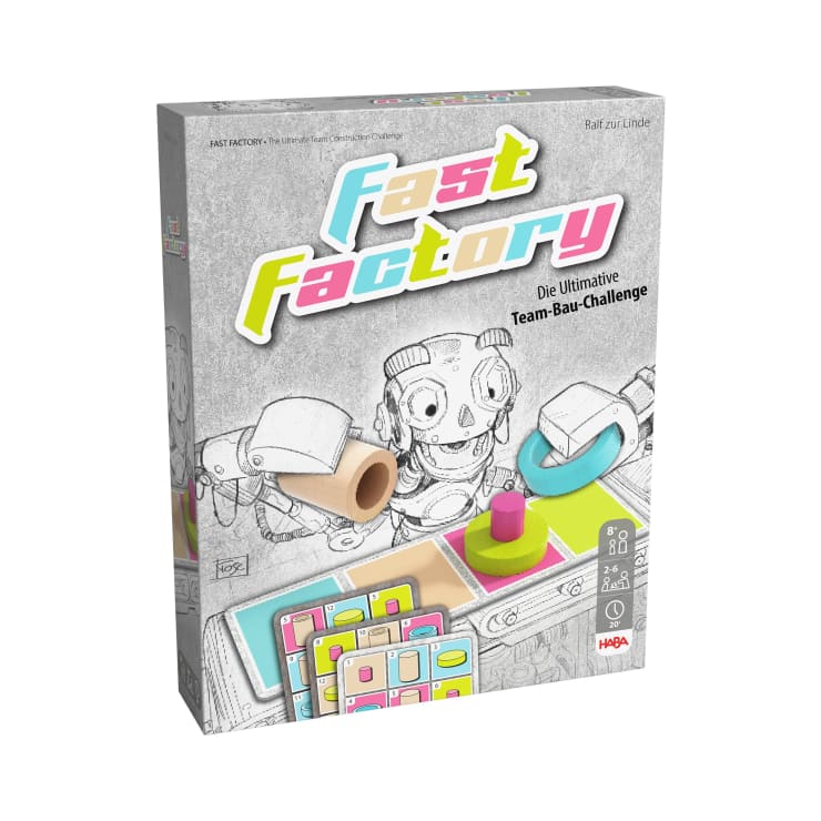Eine Brettspielschachtel mit dem Titel Fast Factory mit illustrierten Robotern, bunten Spielsteinen und dem deutschen Text Die Ultimative Team-Bau-Challenge. Der Markenname HABA ist in der unteren rechten Ecke sichtbar.