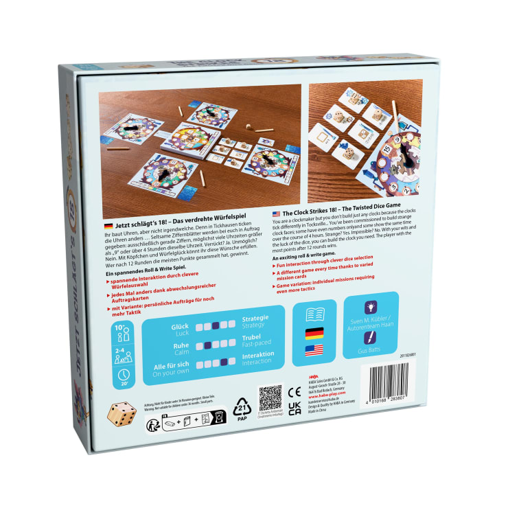 Die Rückseite einer Brettspielschachtel zeigt zwei Fotos der Spielkomponenten, die zum Spielen angeordnet sind, eine Beschreibung des Spiels in Deutsch und Englisch, Spielerinformationen, eine Inhaltsliste und verschiedene Zertifizierungssymbole.