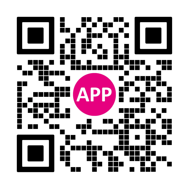 Ein schwarz-weißer QR-Code mit einem rosafarbenen Kreis in der Mitte, der das Wort APP in weißer Schrift auf weißem Hintergrund zeigt.