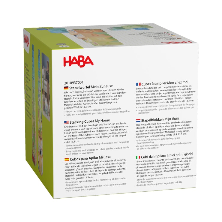 Eine Schachtel für die HABA-Stapelwürfel My Home enthält auf der Seite mehrsprachige Produktbeschreibungen in Deutsch, Englisch, Niederländisch, Spanisch und Italienisch sowie das HABA-Logo und teilweise Produktbilder.