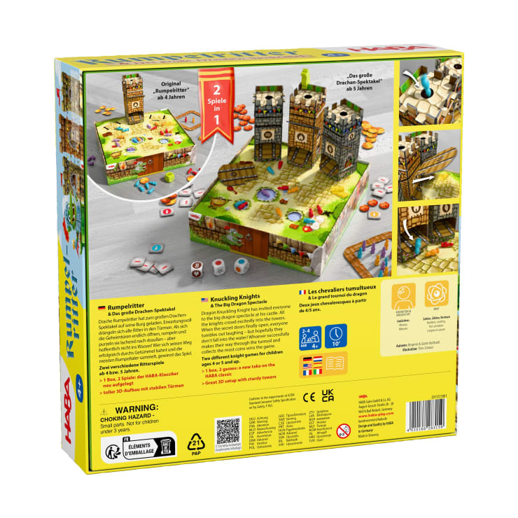 Die Rückseite einer HABA-Kringelritter-Brettspielschachtel zeigt Bilder des Spielaufbaus, der Komponenten und der spielenden Personen; der Text beschreibt den Inhalt und die Spieleigenschaften in mehreren Sprachen.