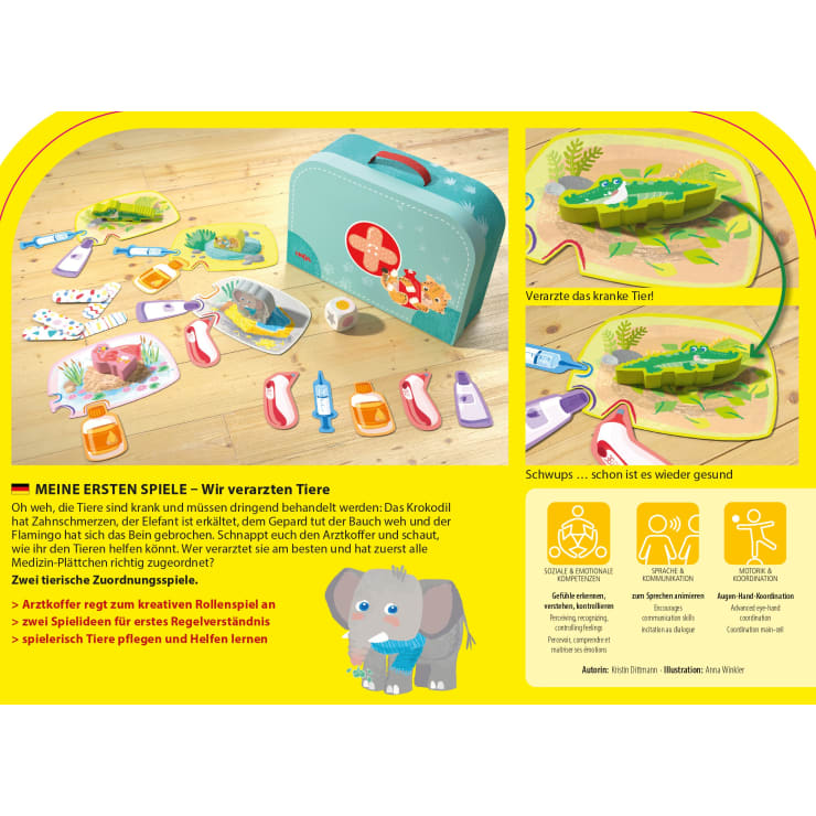 Ein Brettspiel für Kinder wird mit ausgeschnittenen Tieren, medizinischen Werkzeugen und einem blauen Koffer dargestellt. Einsätze zeigen ein Krokodil, das behandelt und dann geheilt wird. Text und Icons erklären die Spielfunktionen und den pädagogischen Nutzen.