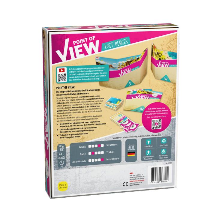 Die Rückseite der Schachtel eines Brettspiels mit dem Titel Point of View: Lost Places, mit Spielkomponenten, Beschreibung, Symbolen, einem QR-Code und farbcodierten Funktionsleisten. Der Text ist auf Deutsch und die Schachtel ist in Weiß und Magenta gehalten.