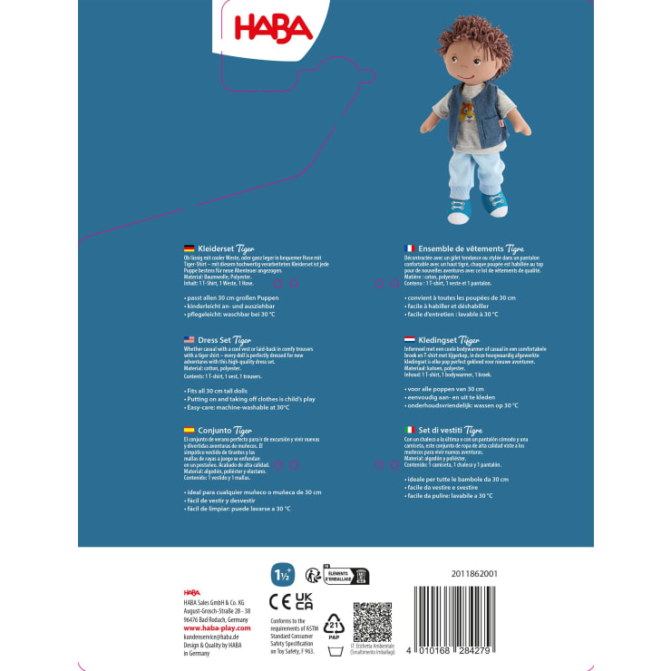 Rückseite einer HABA-Spielzeugverpackung mit einer Jungenpuppe namens Timo. Informationen über das Kleidungsset sind in mehreren Sprachen angegeben. Das HABA-Branding und die Produktangaben erscheinen oben und unten.