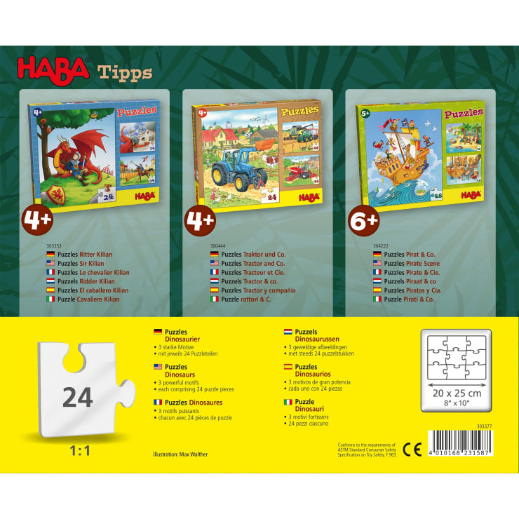 Rückseite einer HABA-Puzzlebox mit drei Puzzlesets: eines mit einem Ritter und einem Drachen, eines mit einem Traktor und eines mit einem Piratenschiff. Der Text enthält Puzzle-Details in mehreren Sprachen und einen Strichcode in der unteren rechten Ecke.
