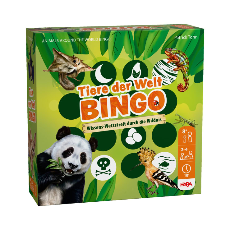 Eine grüne Schachtel für das Spiel Tiere der Welt Bingo von HABA zeigt auf der Vorderseite einen Panda, ein Chamäleon, einen Vogel und einen Fisch sowie verschiedene Symbole und Spielinformationen in deutscher Sprache.