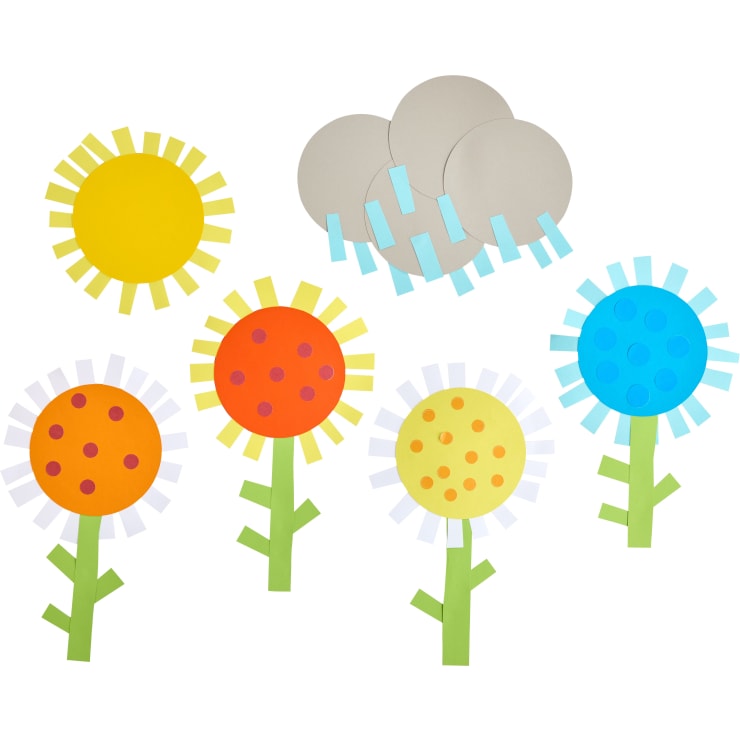 Auf einem weißen Hintergrund sind Papierausschnitte einer Sonne, Wolken mit Regen und sechs stilisierte Blumen in verschiedenen Farben angeordnet. Die Blumen haben runde Zentren mit Punkten und rechteckige Blütenblätter und Stängel.